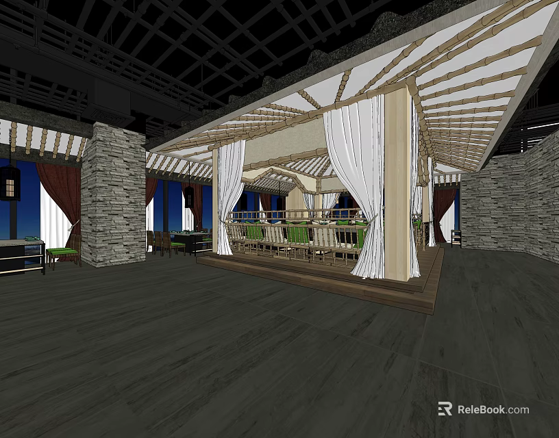 Elegant Clubhouse Interior With Wooden Roof Structure White Curtains Stone Walls And Seating Area 3d model 