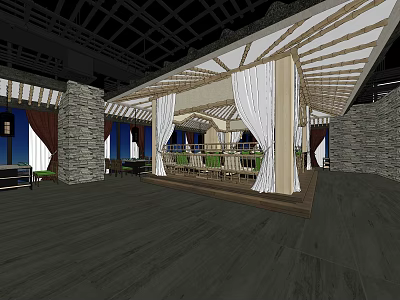 Elegant Clubhouse Interior With Wooden Roof Structure White Curtains Stone Walls And Seating Area 3d model