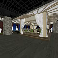 Elegant Clubhouse Interior With Wooden Roof Structure White Curtains Stone Walls And Seating Area