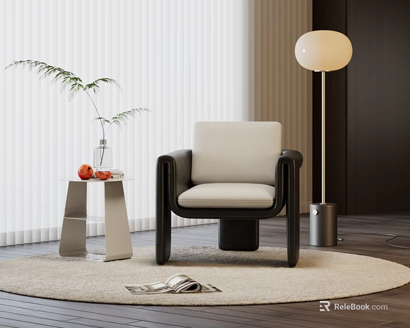 Modern Leisure Chair In Living Room With Side Table Vase Floor Lamp And Rug 3d model 