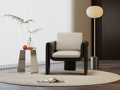 Modern Leisure Chair In Living Room With Side Table Vase Floor Lamp And Rug 3d model
