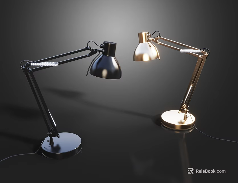 Modern Black And Gold Adjustable Arm Desk Lamps With Round Base And Illuminated Shades 3d model 