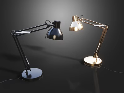 Modern Black And Gold Adjustable Arm Desk Lamps With Round Base And Illuminated Shades 3d model