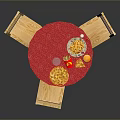 Round Red Dining Table With Three Wooden Chairs And Fast Food On Top