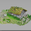 Wooden Cottage With Green Grass Roof Surrounded By Grassland And Stone Path