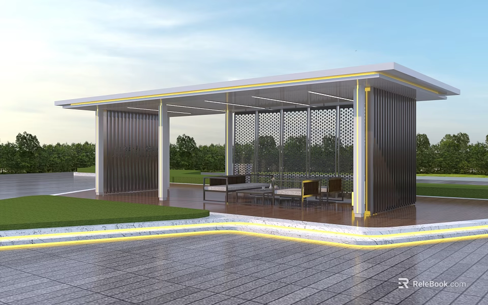 Modern Covered Outdoor Pavilion with Open Design Seating and Greenery Surroundings 3d model 
