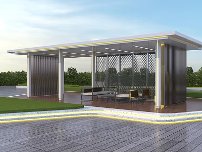Modern Covered Outdoor Pavilion with Open Design Seating and Greenery Surroundings 3d model