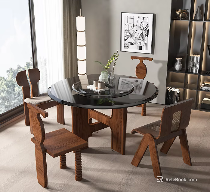 Modern Round Glass Top Dining Table Set With Wooden Chairs And Natural Light 3d model 