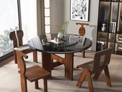 Modern Round Glass Top Dining Table Set With Wooden Chairs And Natural Light 3d model