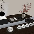Traditional Tea Set With Charcoal Stove Steam Red Leaves On Wooden Tray