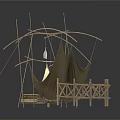 Ancient Simple Tent Structure With Wooden Frames Cloth Canopy And Baskets Boxes 3d model