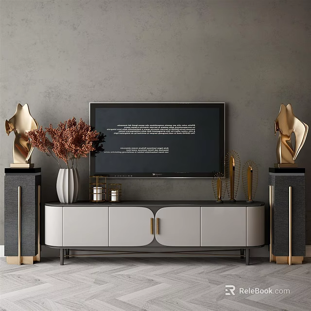 Modern TV Stand with White Black Finish and Vase Dried Flowers Gold Sculptures on Pedestals 3d model 