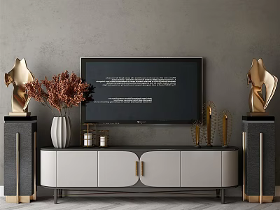 Modern TV Stand with White Black Finish and Vase Dried Flowers Gold Sculptures on Pedestals 3d model