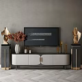 Modern TV Stand with White Black Finish and Vase Dried Flowers Gold Sculptures on Pedestals