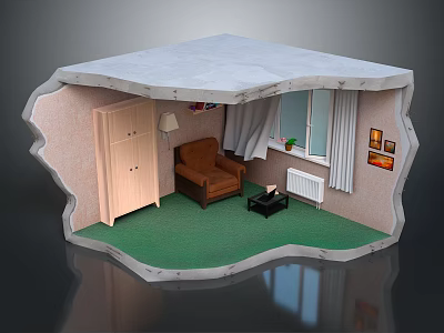 Miniature Room Model Interior With Brown Sofa Wooden Cabinet Table Lamp And Green Carpet 3d model