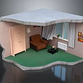 Miniature Room Model Interior With Brown Sofa Wooden Cabinet Table Lamp And Green Carpet