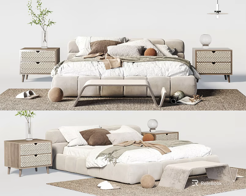 Modern Double Bed Setup With Plush Pillows Cozy Blankets Bench And Bedside Tables 3d model 