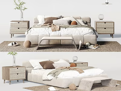 Modern Double Bed Setup With Plush Pillows Cozy Blankets Bench And Bedside Tables 3d model