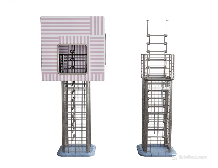Modern Metal Frame Stairs With Pink Striped Accent And Grid Railing Design 3d model 