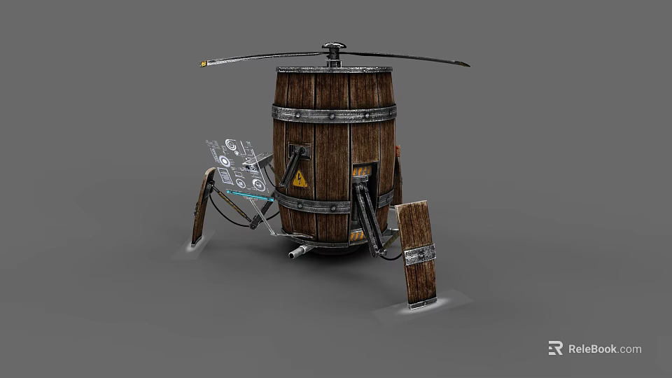 Wooden Barrel Shaped Electric Toy With Propeller Mechanical Legs And Control Panel 3d model 