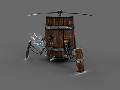 Wooden Barrel Shaped Electric Toy With Propeller Mechanical Legs And Control Panel 3d model
