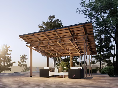 Outdoor Wooden Pergola Surrounded by Trees with Sofa Coffee Table and Roof Structure 3d model