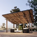 Outdoor Wooden Pergola Surrounded by Trees with Sofa Coffee Table and Roof Structure