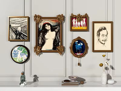 Collection of Ornate Framed Portrait Paintings on White Paneled Wall 3d model
