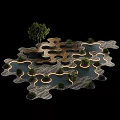 Tranquil Water Fountain Landscape With Interconnected Wooden Platforms Green Bushes And Flowing Water