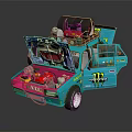 Turquoise Pink Modified Car With Monster Energy Graffiti Open Doors And Roof Engine