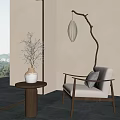 Modern Cozy Interior with Armchair Side Table Vase Plant Hanging Lamp and Scenic View