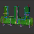 Green Industrial Equipment Structure With Three Vertical Tanks And Horizontal Pipeline