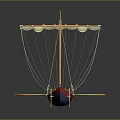 Detailed Traditional Ship Model With Orange Blue Hull Mast Ropes And Oars On Reflective Surface