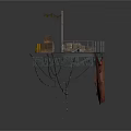 Industrial Metal Platform Structure With Railing String Flags Crates Barrels And Walkway