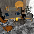 Modern Sofa And Coffee Table Combination With Blue Cushions Wooden Wall Pendant Light Potted Plants