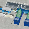Industrial Equipment Setup For Concrete Production With Cement Mixer Trucks And Storage Bins