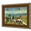 Colorful Seaside Garden Oil Painting With Figures Flags Flowers And Chairs
