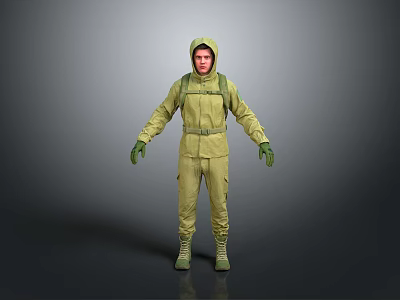 3D Hooded Character In Green Jumpsuit With Green Gloves And Boots Standing On Gray Background 3d model