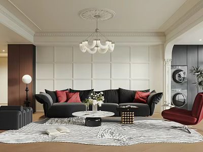 Elegant Living Room With Black Sofa Red Pillows White Paneled Wall Chandelier And Zebra Rug 3d model