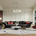 Elegant Living Room With Black Sofa Red Pillows White Paneled Wall Chandelier And Zebra Rug