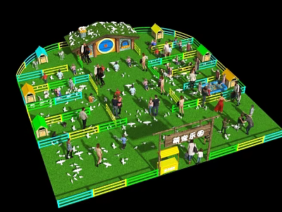 Bird's Eye View of Pet Paradise with Dogs People Playground Huts and Green Lawn 3d model