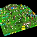 Bird's Eye View of Pet Paradise with Dogs People Playground Huts and Green Lawn