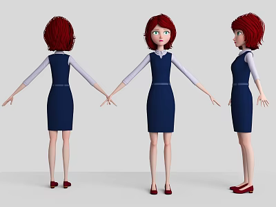 Woman With Red Hair In Dark Blue Dress And White Long Sleeves Three Angles View 3d model