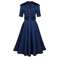 Elegant Blue Dress With Short Sleeves Black Collar Black Belt And A line Skirt