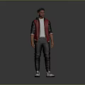 Man In Red Black Jacket White T Shirt Black Pants White Sneakers On Grey Background