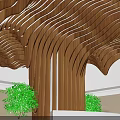 Large Wooden Wavy Texture Artistic Installation In Interior With Green Plants