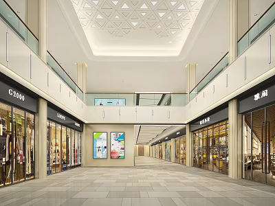 Spacious Shopping Mall Hall With Two Floors Shops Billboards Polished Floor And Railings 3d model