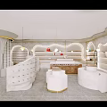 Modern Mall Store Interior With Curved Design Wooden White Counters And Hanging Lights