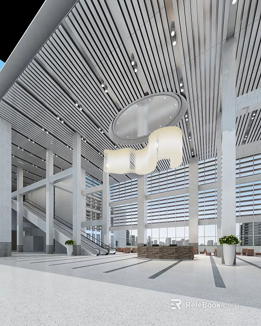 Modern Lobby Front Desk Reception Design With Striped Ceiling And Large Windows 3d model 