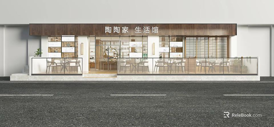 Tao Tao Lifestyle Store With Modern Wooden Design Glass Windows And Outdoor Seating 3d model 